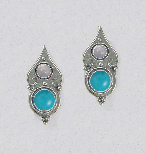 Sterling Silver Gothic Look Post Stud Earrings With Turquoise And Rainbow Moonstone